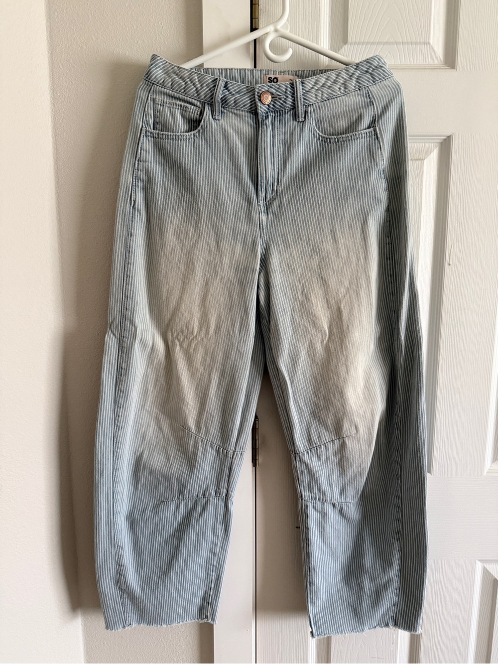 SO Women's Pinstripe High Waist Barrel Jeans